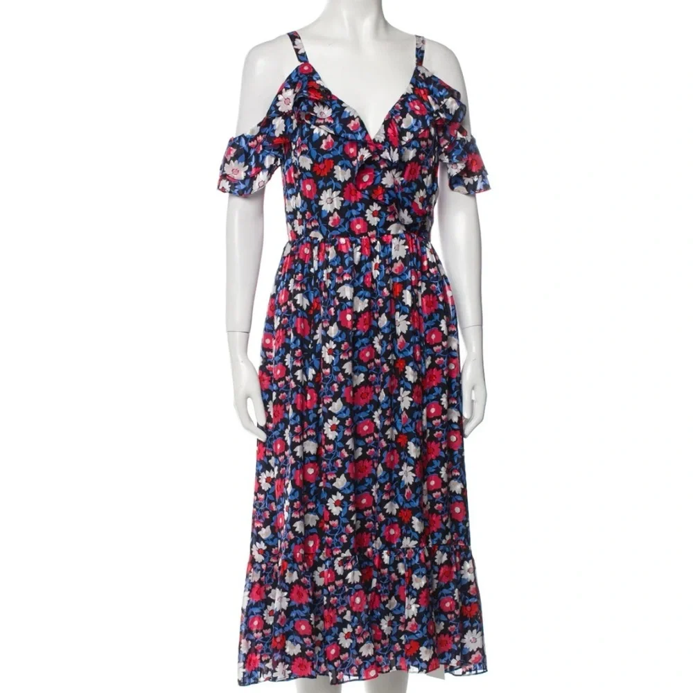 Kate Spade Cold Shoulder Navy Daisy Print Silk Midi Dress NWOT